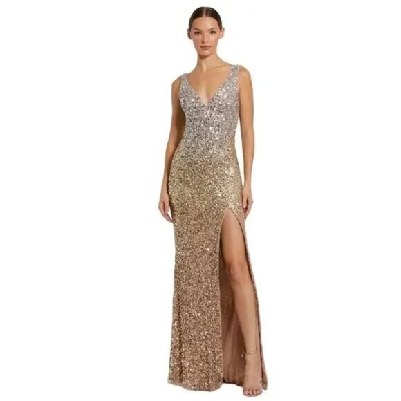 NWT MAC DUGGAL Dress 0 Evening Gown Sequin Ombre Gold Silver V Neck Slit #7968 - Picture 1 of 12